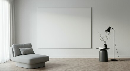 Minimalist living room, white brick wall, gray modular sofa, black floor lamp, round side table, hardwood flooring, natural light, empty wall space, modern interior design, monochromatic color scheme,