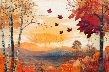 Colorful autumn landscape with falling leaves and birch trees