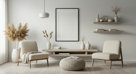 Minimalist living room, neutral tones, beige armchairs, round coffee table, pampas grass decor, floating shelves, framed art, pendant light, cozy atmosphere, Scandinavian design, textured rug, soft te