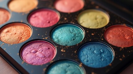 Naklejka premium close-up of an eyeshadow palette featuring a variety of vibrant colors and textures