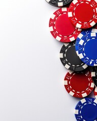 Naklejka premium A vibrant collection of colorful poker chips stacked on a neutral background, perfect for gaming enthusiasts.