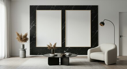 Minimalist living room, Scandinavian design, white walls, large black-framed windows, white armchair, round black coffee table, arched floor lamp, beige rug, dried pampas grass in vase, natural light,