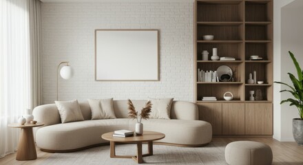Modern living room, minimalist design, L-shaped beige sofa, white brick wall, wooden flooring, hanging pendant light, large empty picture frame, potted plant, dark accent wall, neutral color palette, 