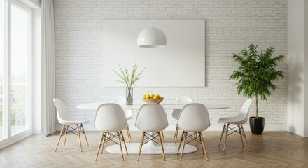 Modern minimalist dining room, white walls, wooden floor, white chairs, long dining table, potted plants, large empty frame on wall, floor lamp, bright natural lighting, Scandinavian design, clean aes