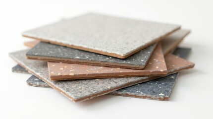 Stacked ceramic tile samples in various textures and colors, isolated on a white background, sharp and clean, ideal for product design or interior planning