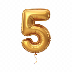 realistic 3d number 5 with made by the 3d ballon in different gold colour style isolated on white background