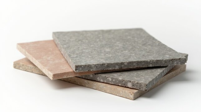 Stacked ceramic tile samples in various textures and colors, isolated on a white background, sharp and clean, ideal for product design or interior planning