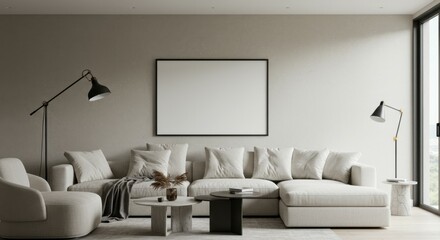 Modern minimalist living room, white brick wall, grey sofa, black coffee table, floor lamp, framed art prints, potted plant, neutral color palette, cozy throw blanket, natural light, scandinavian desi