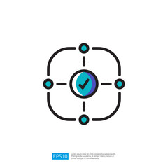 A Illustration icon representation featuring a central checkmark surrounded by four nodes, symbolizing connectivity and validation.
