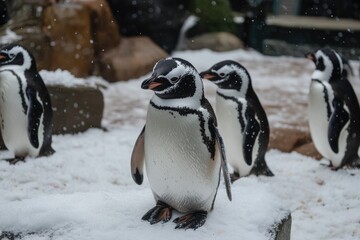 Naklejka premium Penguins standing in the snow during snowfall