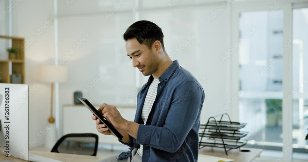 Aufkleber tablet, businessman on desk with smile and scroll on social media, tech startup and online creative 