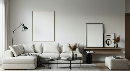 Modern minimalist living room, white brick wall, grey sofa, black coffee table, floor lamp, framed art prints, potted plant, neutral color palette, cozy throw blanket, natural light, scandinavian desi