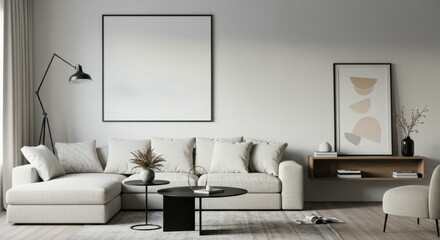 Modern minimalist living room, white brick wall, grey sofa, black coffee table, floor lamp, framed art prints, potted plant, neutral color palette, cozy throw blanket, natural light, scandinavian desi