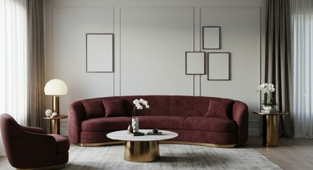 Elegant living room, burgundy velvet curved sofa, white brick wall, minimalist framed art, round glass coffee table, white rug, soft lighting, modern interior design, muted color palette, luxurious te