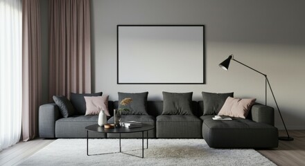 Modern living room, minimalist interior, grey tones, velvet sofa, round coffee table, large empty frame, floor lamp, curtains, textured wall, cozy atmosphere, contemporary design, natural light, monoc