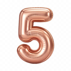 realistic 3d number 5 with made by the 3d ballon in different gold colour style isolated on white background