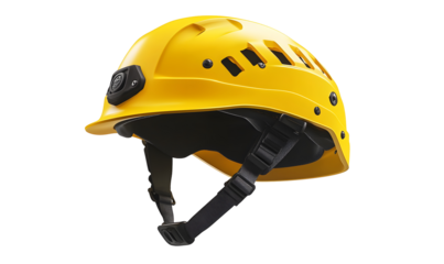 Yellow safety helmet, side view, rescue equipment, dark background, industrial safety