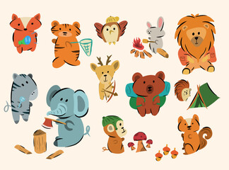 Isolated set with cute animals camping on different activities in Scandinavian style. Cartoon animals camp