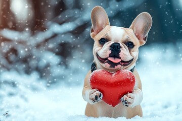 Commercial critter visual idea. Cute bulldog pooch with diamond red heart on a walk in a winter garden. Bulldog - my cherished dog, symbol of friendship. Valentine's day pet cuddles.