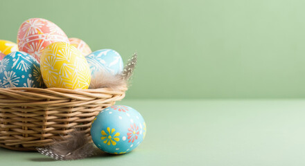 Colorful easter eggs in wicker basket with feathers on pastel green background. Copy space.