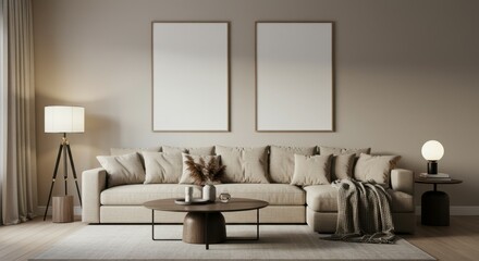 Minimalist living room, neutral color palette, beige sofa, wooden coffee table, floor lamp, table lamp, textured wall, framed art prints, cozy interior design, natural light, earthy tones, contemporar