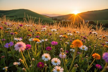 Fototapeta premium Colorful Flower Field at Sunset with Rolling Hills and Warm Glow