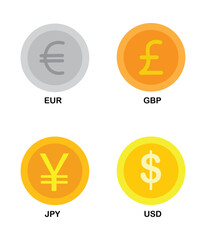 Vector illustration various of coins in the world is euros, British pounds, and US dollars.Money coins clipart, coins icon
