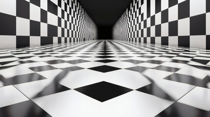 Optical illusion infinite checkered corridor abstract geometric black white pattern perspective tunnel depth symmetry
