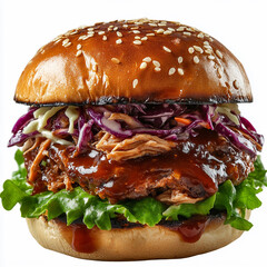 BBQ pulled pork burger with coleslaw, juicy meat, sesame bun, isolated