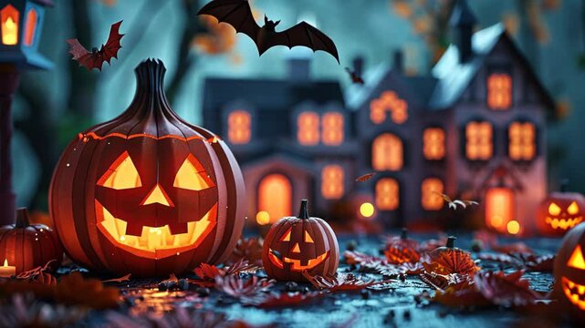 paper craft scenery, Halloween town with Jack-o-lantern pumpkins, hunted house, bat, spooky atmosphere with light glow