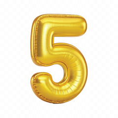 realistic 3d number 5 with made by the 3d ballon in different gold colour style isolated on white background