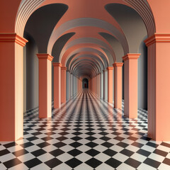 Obraz premium Perspective corridor with pink columns and black white checkerboard floor creating surreal architectural symmetry