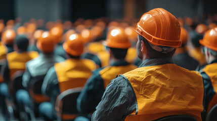 Construction safety meeting with workers in yellow protective vest and orange hard hat gathering outdoors at industrial site
