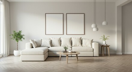 Minimalist living room, Scandinavian design, white L-shaped sofa, wooden coffee table, hanging pendant light, potted indoor plant, large windows, natural light, beige walls, empty canvas frames, cozy 