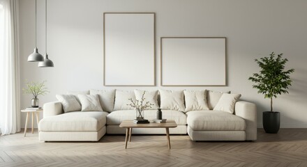 Minimalist living room, Scandinavian design, white L-shaped sofa, wooden coffee table, hanging pendant light, potted indoor plant, large windows, natural light, beige walls, empty canvas frames, cozy 