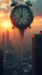  A giant melting clock draped over a city skyline at sunset. A surreal representation of time slipping away, urgency, and fleeting moments in life. Soft golden hues contrast with deep urban shadows.