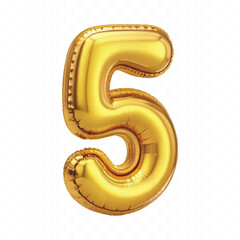 realistic 3d number 5 with made by the 3d ballon in different gold colour style isolated on white background