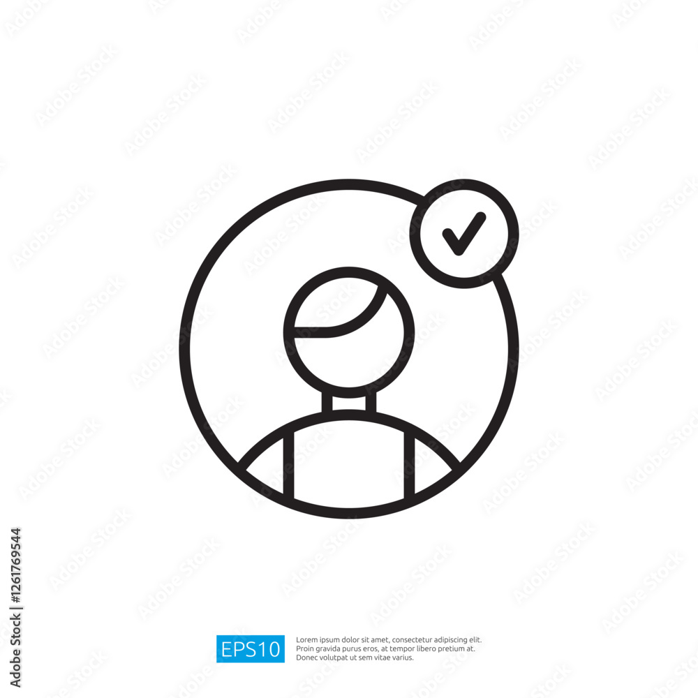 Poster a simple line drawing of a person within a circle, featuring a checkmark, symbolizing verification o