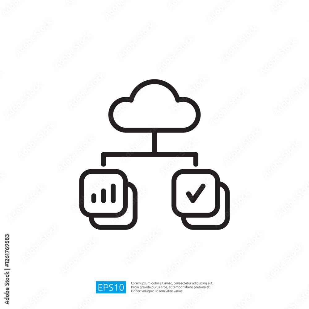 Poster a cloud symbol connected to two boxes, one with a graph and the other with a checkmark, representing