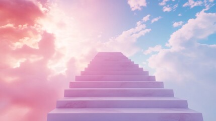 Surreal floating staircase leading into a dreamy pastel atmosphere