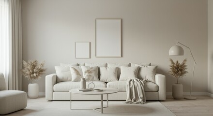Minimalist living room, neutral tones, white sofa, coffee table, floor lamp, wall art panels, beige walls, wooden floor, vase with dried flowers, cozy interior design, Scandinavian style, natural ligh