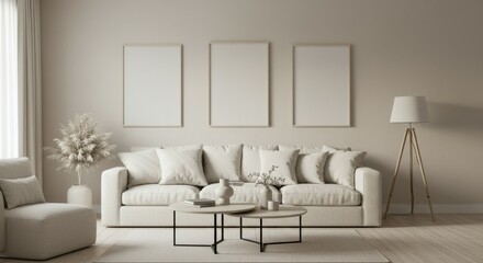 Minimalist living room, neutral tones, white sofa, coffee table, floor lamp, wall art panels, beige walls, wooden floor, vase with dried flowers, cozy interior design, Scandinavian style, natural ligh
