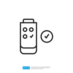 a simple battery icon with three charge indicators and a checkmark, symbolizing a fully charged or functional battery. Illustration icon