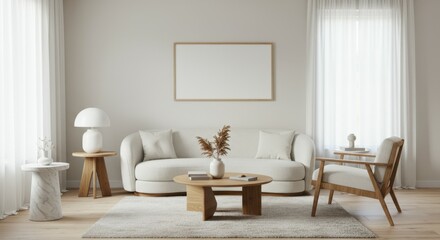 Fototapeta premium Minimalist living room, curved white sofa, wooden accent chair, round coffee table, neutral tones, large round rug, pendant light, sheer curtains, bright interior, Scandinavian design, clean lines, na