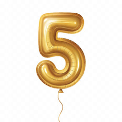 realistic 3d number 5 with made by the 3d ballon in different gold colour style isolated on white background