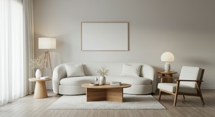 Minimalist living room, curved white sofa, wooden accent chair, round coffee table, neutral tones, large round rug, pendant light, sheer curtains, bright interior, Scandinavian design, clean lines, na