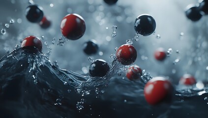 Red & Black spheres in water splash, abstract background. Possible use scientific, educational, digital art