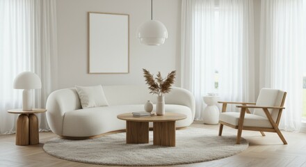 Minimalist living room, curved white sofa, wooden accent chair, round coffee table, neutral tones, large round rug, pendant light, sheer curtains, bright interior, Scandinavian design, clean lines, na