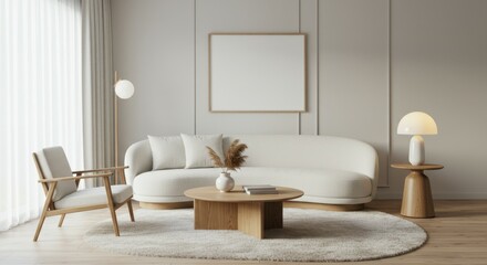 Fototapeta premium Minimalist living room, Scandinavian design, neutral color palette, curved white sofa, wooden coffee table, beige armchair, round cream rug, pendant light, table lamp, white walls, framed artwork, pot