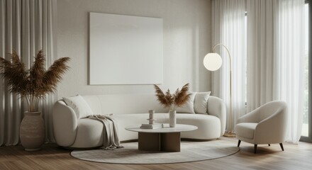 modern minimalist living room, neutral tones, beige and cream colors, textured wall art, white sofa, curved armchair, round coffee table, dried pampas grass arrangements, contemporary interior design,